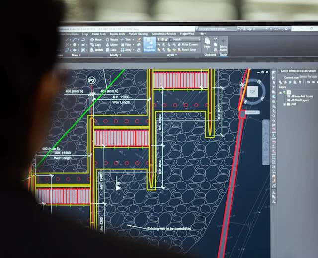 Engineering design drawing on a computer screen